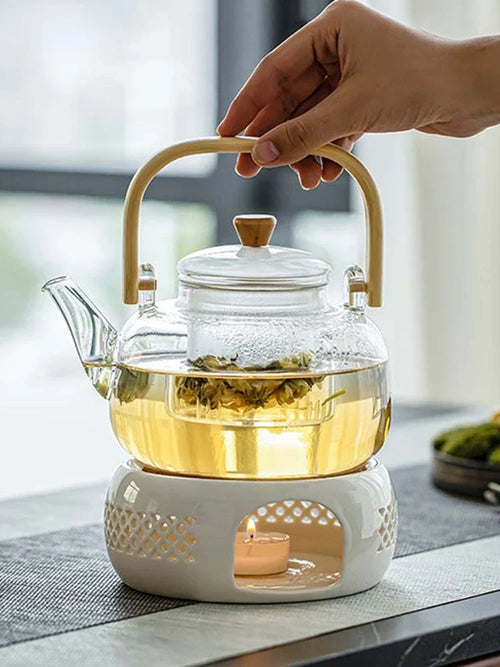 Glazen theepot met filter en warmhouder — altijd de perfecte kop thee